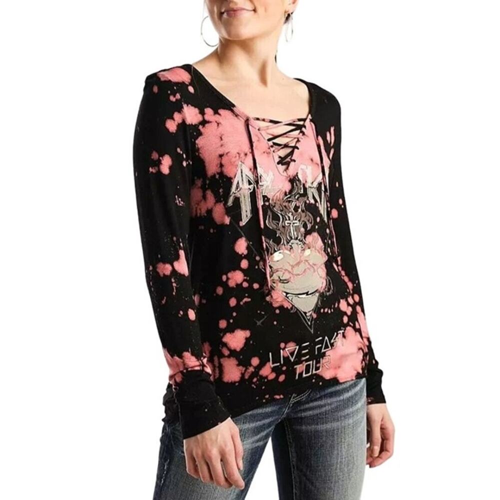 Affliction Womens S Pink Tie Dye  Live Fast Tour Heart Mixed Media Back Shirt